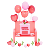 Valentinstag Briefkasten auf winzig Liebe Stuhl schwingen auf ein transparent Hintergrund, 3d Rendern png