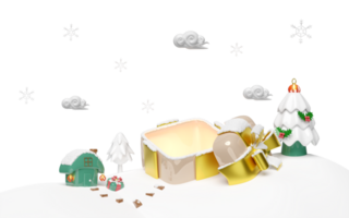 3d open gift box empty with house on snow hill, ornaments glass, pine tree, gift box, cloud, snowflake. merry christmas and happy new year, 3d render illustration png