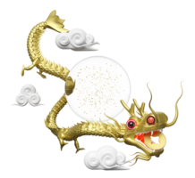 3d Gold Chinesisch Drachen mit dekorativ Schnee Globus Glas transparent, Wolke, Münze. fröhlich Weihnachten und glücklich Chinesisch Neu Jahr, 3d machen Illustration png