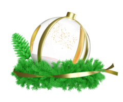 3d snow ball, ornaments glass transparent with wreath pine leaves, pine tree, snowflake, confetti, christmas tree. merry christmas and happy new year, 3d render illustration png