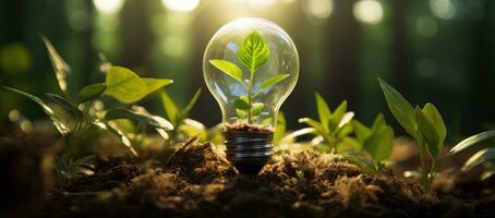 AI generated Energy saving lamps and planting trees on the soil ground Electric energy saving concept photo