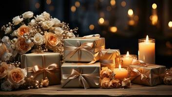 AI generated Christmas gift box decorations with candles photo