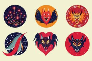 asiático estilo emblema conjunto con dragones dibujos animados ilustración vector