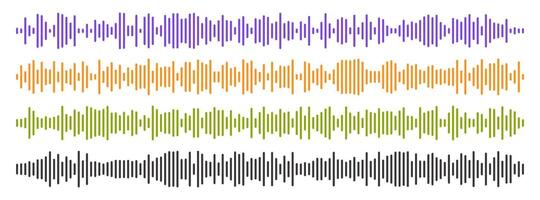 Set of four vector long sound waves of different intensities. Audio equalizer technology, pulse music. Audio player. Vector illustration.