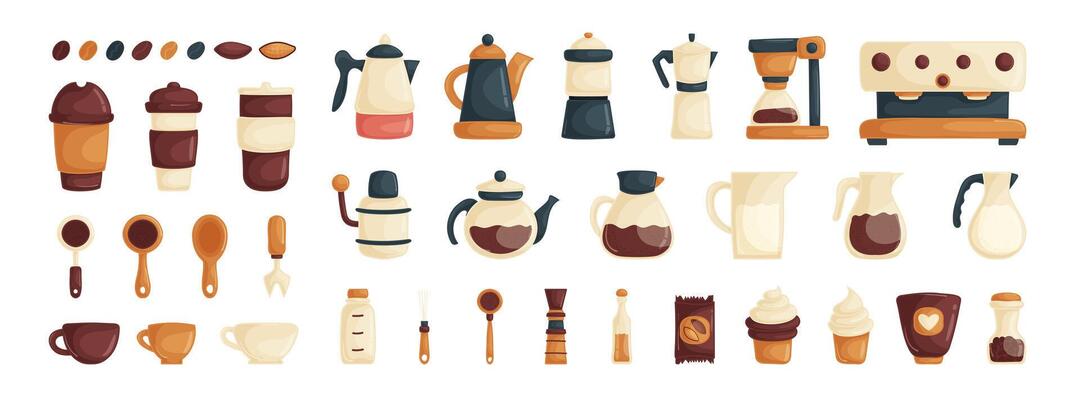 A set of items for a coffee shop and barista. Coffee machines, cups, paper cups, teapots with coffee, jugs with milk, cakes and chocolate, coffee and chocolate beans. Cartoon style.