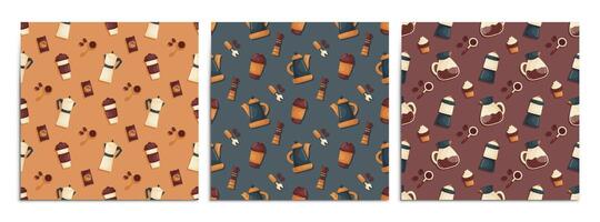 A set of seamless patterns with elements on the theme of brewing coffee. Teapots, coffee makers, desserts, coffee beans and barista tools. Cartoon style. vector