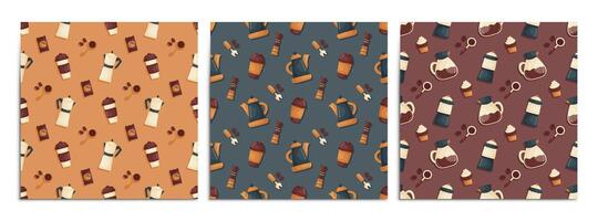 A set of seamless patterns with elements on the theme of brewing coffee. Teapots, coffee makers, desserts, coffee beans and barista tools. Vector Cartoon style.