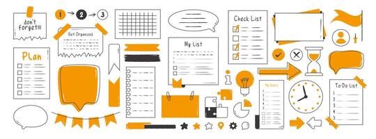 Hand drawn memo paper sheets, sticky note, reminder, to do list, calendar. illustration. Bullet journal elements in doodle style. vector