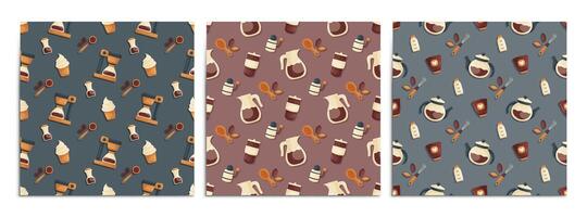 A set of seamless patterns with elements on the theme of brewing coffee. Teapots, coffee makers, desserts, coffee beans and barista tools. Cartoon style. vector
