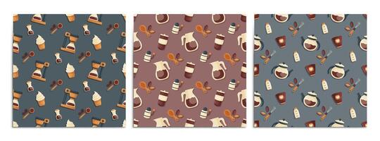 A set of seamless patterns with elements on the theme of brewing coffee. Teapots, coffee makers, desserts, coffee beans and barista tools. Cartoon style. vector