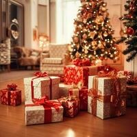 A christmas gift, xmas or present box objects on holiday mood background in winter. Merry christmas concept by AI Generated photo