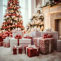 A christmas gift, xmas or present box objects on holiday mood background in winter. Merry christmas concept by AI Generated photo