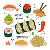 Asian fast food vector set. Tasty Japanese and Korean snacks - gyoza, nigiri, sushi maki, kimchi, taiyaki. Spicy seasonings - chili pepper, wasabi, sesame. Flat cartoon clipart for print, menu, web