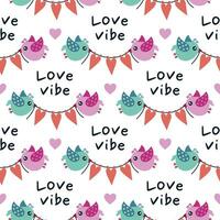 A couple of cute birds are holding a garland with hearts in their beaks. Happy Valentines Day, love vibe seamless vector pattern. Illustration for wedding, date. Flat cartoon background for print, web