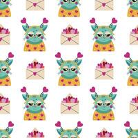 Grumpy cat in a headband with hearts, seamless vector pattern. Sad kitten, romantic letter in an envelope for Valentines Day. Cute pet with valentine, animal in love. Flat cartoon background for print