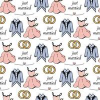 Just married seamless vector pattern. Symbols of the wedding ceremony - engagement rings, a dress for the bride, a suit for the groom, cute pink hearts. Flat cartoon background for cards, invitations