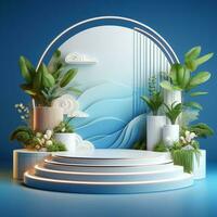 AI generated Round Podium For Product Advertising Stand Exhibition with Blue Background with Foliage photo