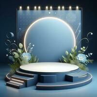 AI generated Round Podium For Product Advertising Stand Exhibition with Blue Background with Foliage photo