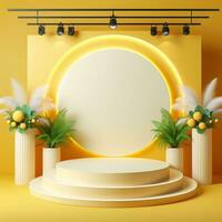 AI generated Round Podium For Product Advertising Stand Exhibition with Yellow Background with Foliage photo