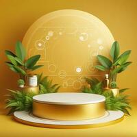 AI generated Round Podium For Product Advertising Stand Exhibition with Yellow Background with Foliage photo
