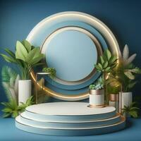 AI generated Round Podium For Product Advertising Stand Exhibition with Blue Background with Foliage photo