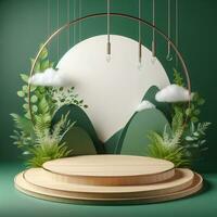 AI generated Round Podium For Product Advertising Stand Exhibition with Green Background with Foliage photo