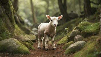 AI generated Cute woolly lamb graze freely in the green forest photo