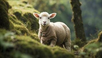 AI generated Cute woolly lamb graze freely in the green forest photo