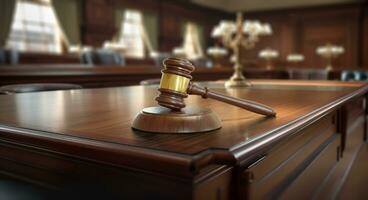 Gavel Resting on a Table Inside an Empty Courthouse. photo