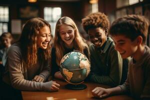 ai generado estudiantes reunido alrededor un globo foto