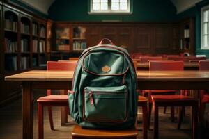 AI generated Green Bookbag in a empty classroom photo