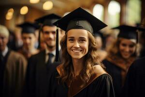 ai generado un mujer sonrisa durante un graduación ceremonia foto