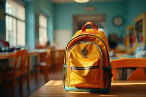 AI generated Yellow Bookbag with Blurry Classroom Background photo