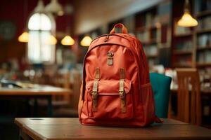 AI generated Orange Book Bag in School Classrom photo