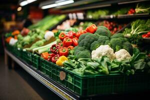 AI generated Self full of vegetables in supermarket. Generative AI photo