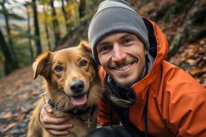 AI generated Trail runner and his beloved dog. Generative AI photo