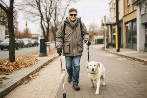 AI generated Blind man walking accompanied by his beloved dog. Generative AI photo