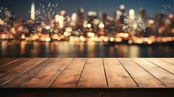 AI generated Empty wooden table with blurred background with a city with fireworks on New Year. Generative AI photo