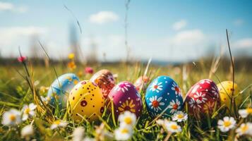 ai generado vistoso Pascua de Resurrección huevos decorado con flores en el césped en azul cielo. generativo ai foto