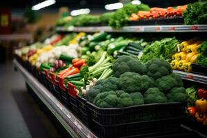 AI generated Self full of vegetables in supermarket. Generative AI photo