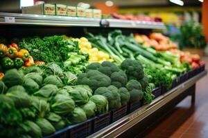 AI generated Self full of vegetables in supermarket. Generative AI photo