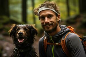 AI generated Trail runner and his beloved dog. Generative AI photo