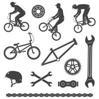 Set of bmx cyclist and bicycle equipment icon. Vector. Set include bmx cyclist performing a trick and equipment silhouette isolated on the white background. vector