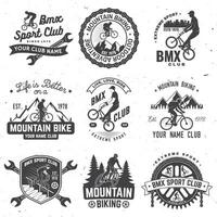 Set of bmx, mtb extreme sport club badge. Vector. Concept for shirt, logo, print, stamp, tee with man ride on a sport bicycle. Vintage typography design with cyclist, sprocket and chain silhouette. vector