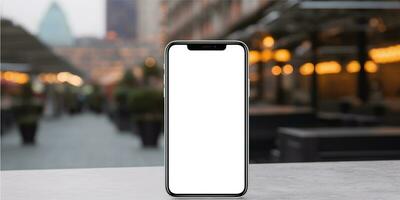 ai generado un iphone X Bosquejo en un mesa en un ciudad foto