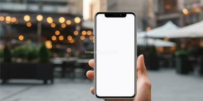AI generated a hand holding a smartphone with a blank screen mockup photo