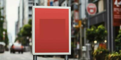 ai generado un rojo cartelera en un calle esquina foto