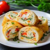 AI generated omelette rolls with mozzarella and vegetables photo