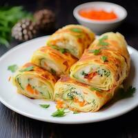 AI generated omelette rolls with mozzarella and vegetables photo