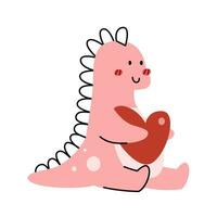 A cute pink dinosaur cartoon character flat vector illustration isolated on white background. Girly dino cute character for kids. Cute animal for kids T-shirt, scrapbook, pattern. Hapy Valentine's Day